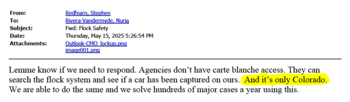 Redfearn email claiming data is only shared in Colorado